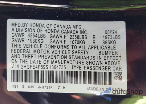 2025 Honda Civic Hybrid Sport/Sport Touring z USA, uszkodzony, nr VIN 2HGFE4F89SH304735